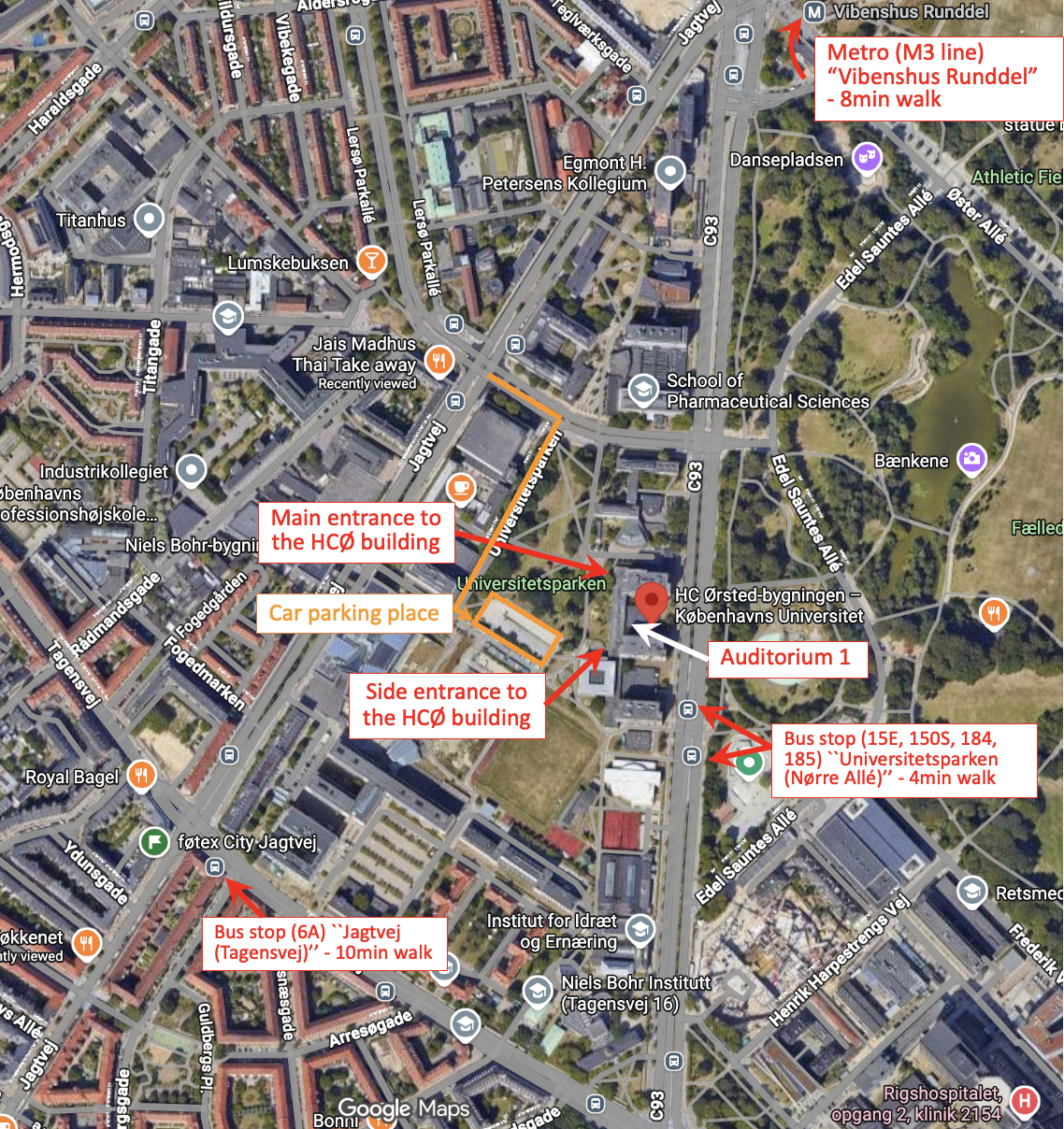 Map showing the H. C. Ørsted building main and side entrances, Auditorium 1, Vibenshus Runddel metro and the Universitetsparken bus stops